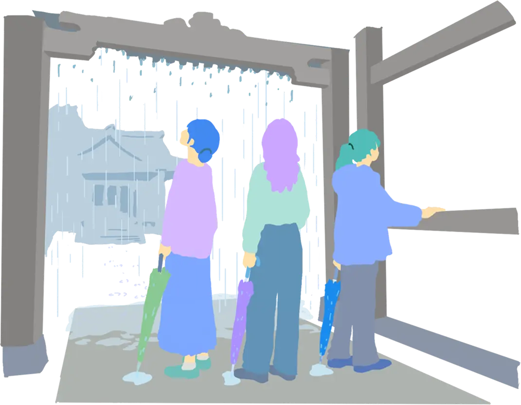 神社で雨宿りする人のイラスト
