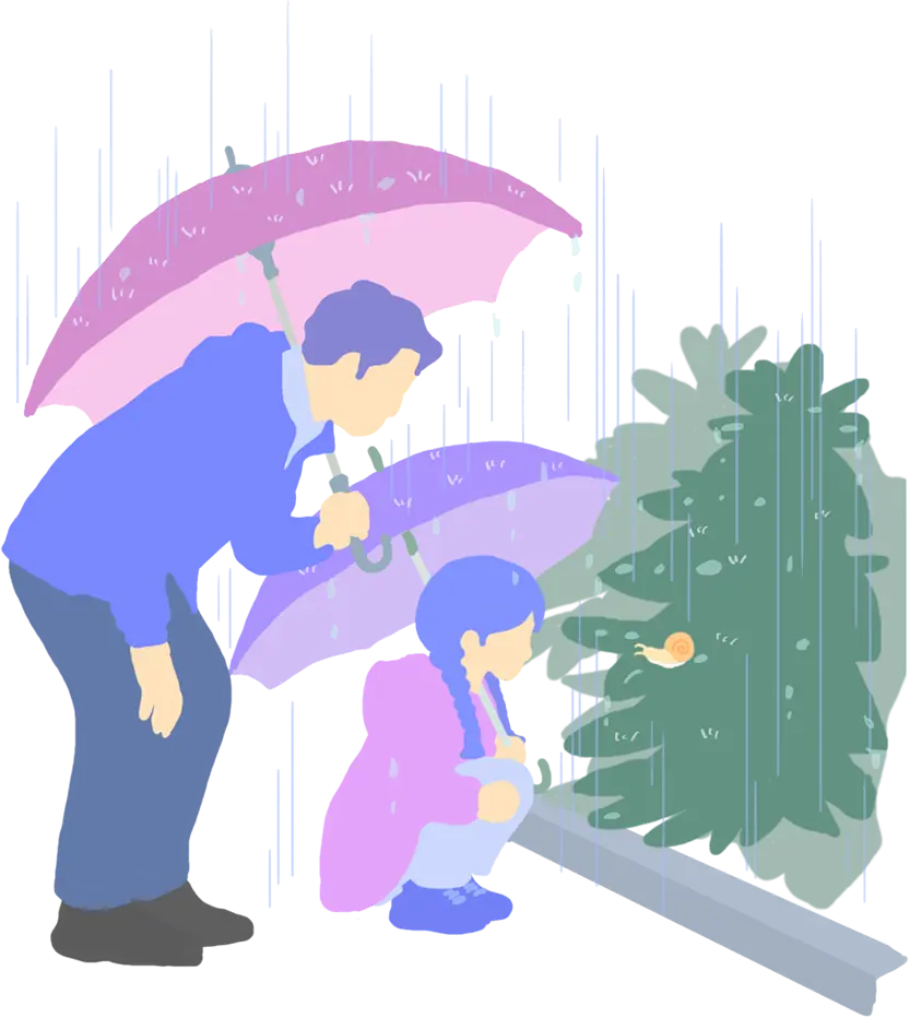 親子で雨さんぽしているイラスト