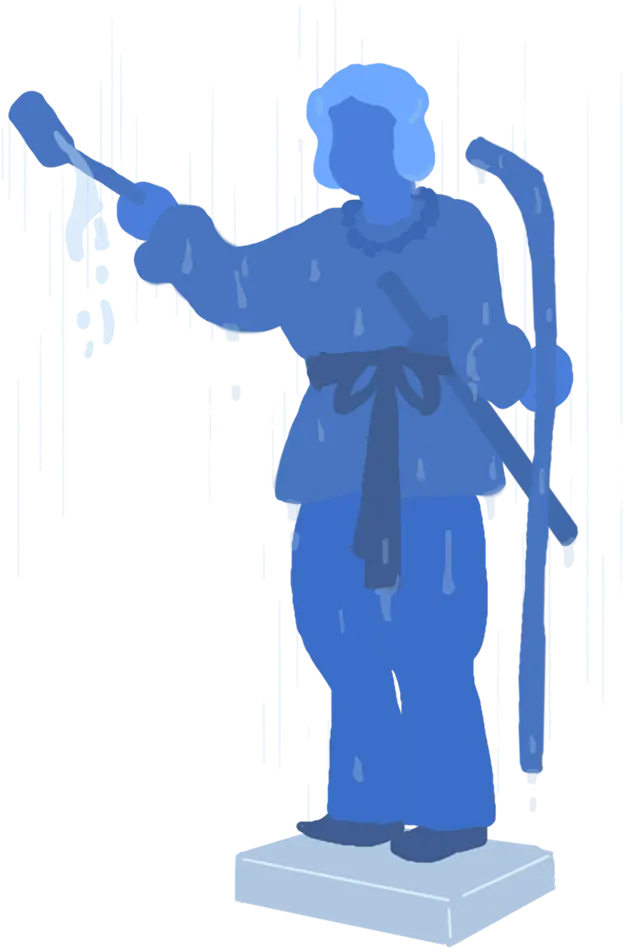 雨に濡れる水配り像のイラスト