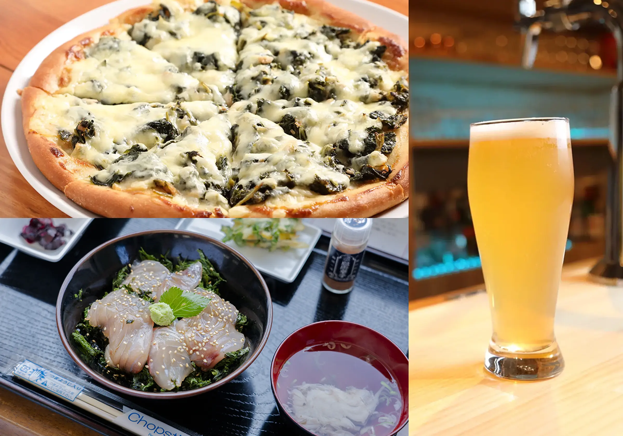 ピザ、ビール、漬け丼の写真
